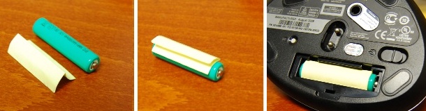 lasermouse4 Fold the paper (left); place on top of battery (center); insert into mouse (right)